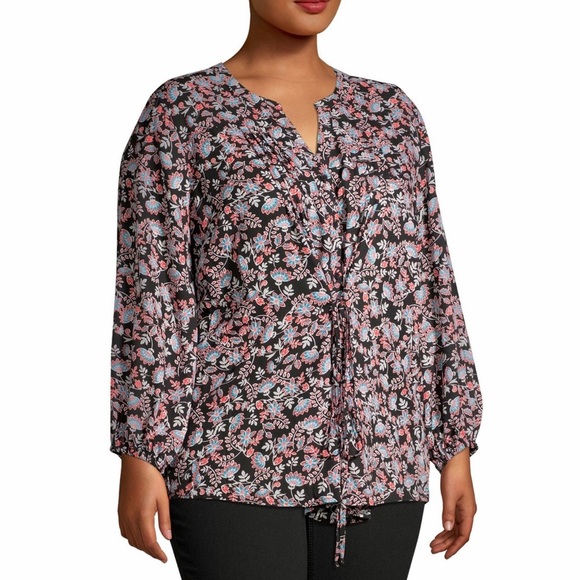 NWOT Terra & Sky “Black Soot” Women’s Plus Size Long Sleeve Cinched Waist Blouse - Picture 1 of 13